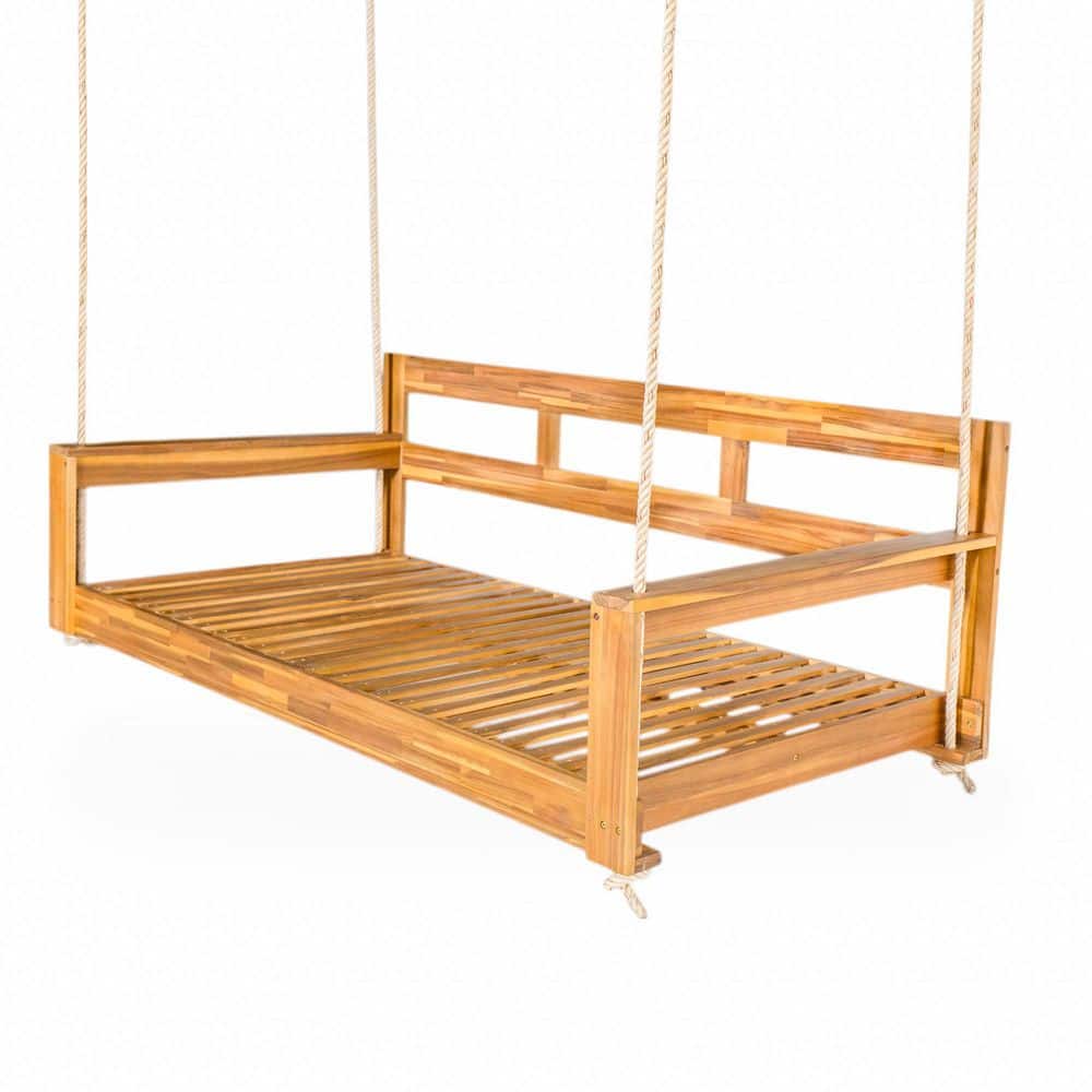 2-Person Natural Wood Porch Swing with 4 Hanging Ropes