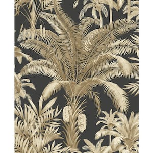 56 sq. ft. Ironwork and Taupe Tropical Palm Beach Prepasted Paper Wallpaper Roll