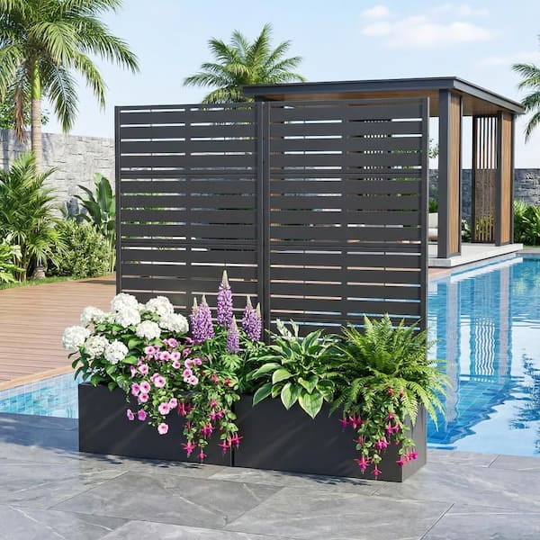 59 in. H x 29.5 in. W x 12 in. L Metal Black Rectangle Pots and Planter Raised Box with Trellis(Set of 2)