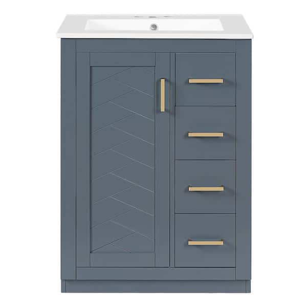 24 in. Freestanding Blue Bath Vanity with White Ceramic Sink Top, 1 Door, 3 Drawers