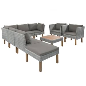 Gray 9-Piece Wicker Outdoor Patio Sectional Set Sofa Set with Gray Cushions and Wood Legs and Acacia Wood Tabletop