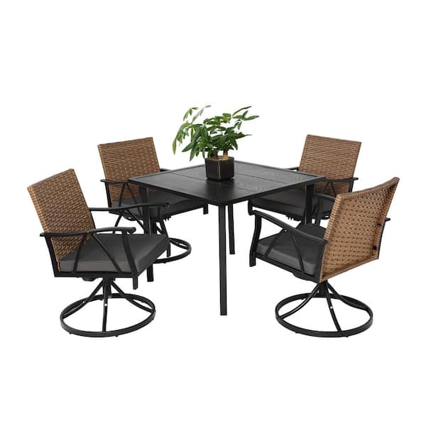 5-Piece Wicker Patio Dining Set for 4, Cushioned Swivel Chairs, Steel Table, Garden and Poolside, Removable Cushions