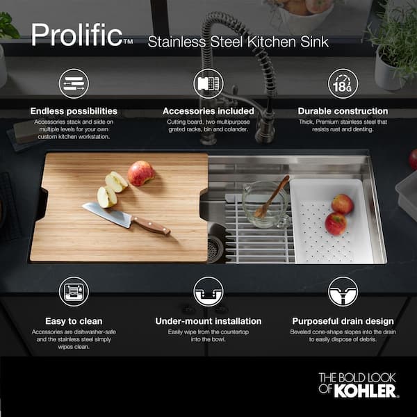 KOHLER Prolific Undermount Stainless Steel 23 in. Single Bowl Kitchen Sink with Bonus Bamboo Cutting Boards (6 piece)