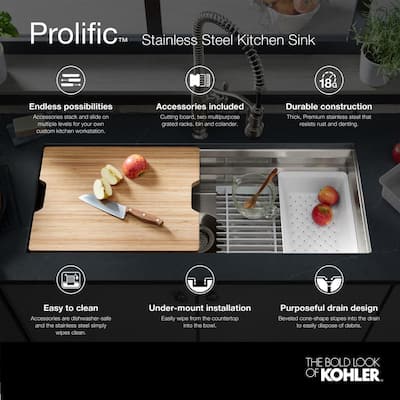 Prolific Workstation Undermount Stainless Steel 33 in. Single Bowl Kitchen Sink Kit with Accessories