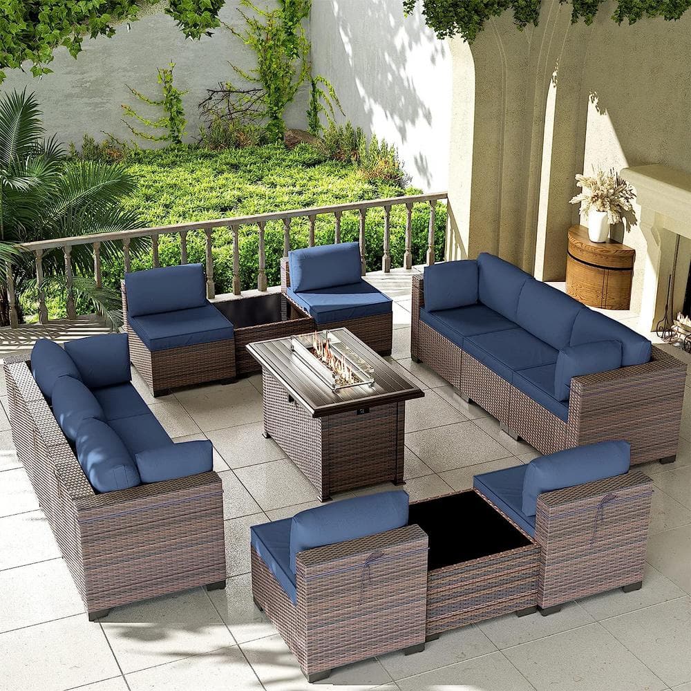 Halmuz 13-Piece Wicker Patio Conversation Set with 55000 BTU Gas Fire Pit  Table and Glass Coffee Table and Navy Cushions (2A+B+2C+1)Navy - The Home  Depot