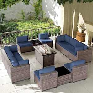 13-Piece Wicker Patio Conversation Set with 55000 BTU Gas Fire Pit Table and Glass Coffee Table and Navy Cushions