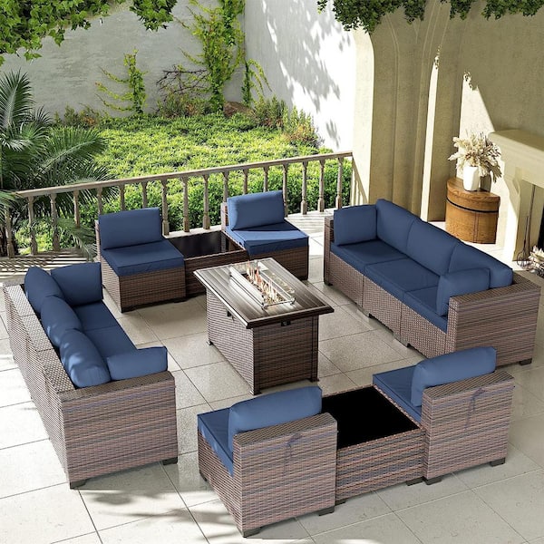 Halmuz 13-Piece Wicker Patio Conversation Set with 55000 BTU Gas Fire Pit Table and Glass Coffee Table and Navy Cushions
