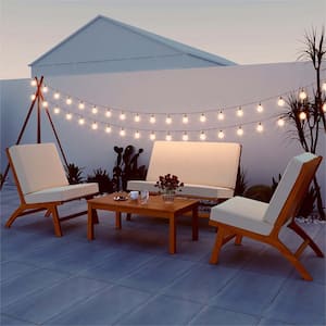 4-Piece Acacia Wood Outdoor Sectional Patio Furniture Conversation V-Shaped Set Sofa with Beige Cushions for Garden