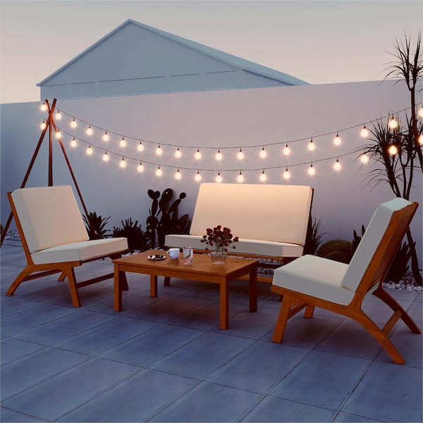 Zeus & Ruta 4-Piece Acacia Wood Outdoor Sectional Patio Furniture Conversation V-Shaped Set Sofa with Beige Cushions for Garden