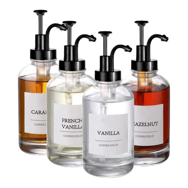 4-Pack 16.9 oz. Coffee Syrup Dispenser Syrup Dispenser with Labels, Coffee Bar with Black Pump