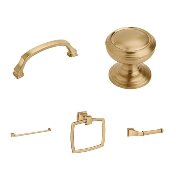 Revitalize Champagne Bronze Arch Pull (96mm), Round Knob (32mm), 24 in. Towel Bar, 173 mm Towel Ring and Holder Combo