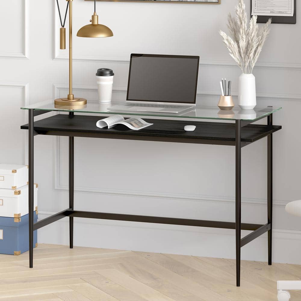 Eaton 46" Blackened Bronze Desk with Glass Top and Woodgrain Shelf