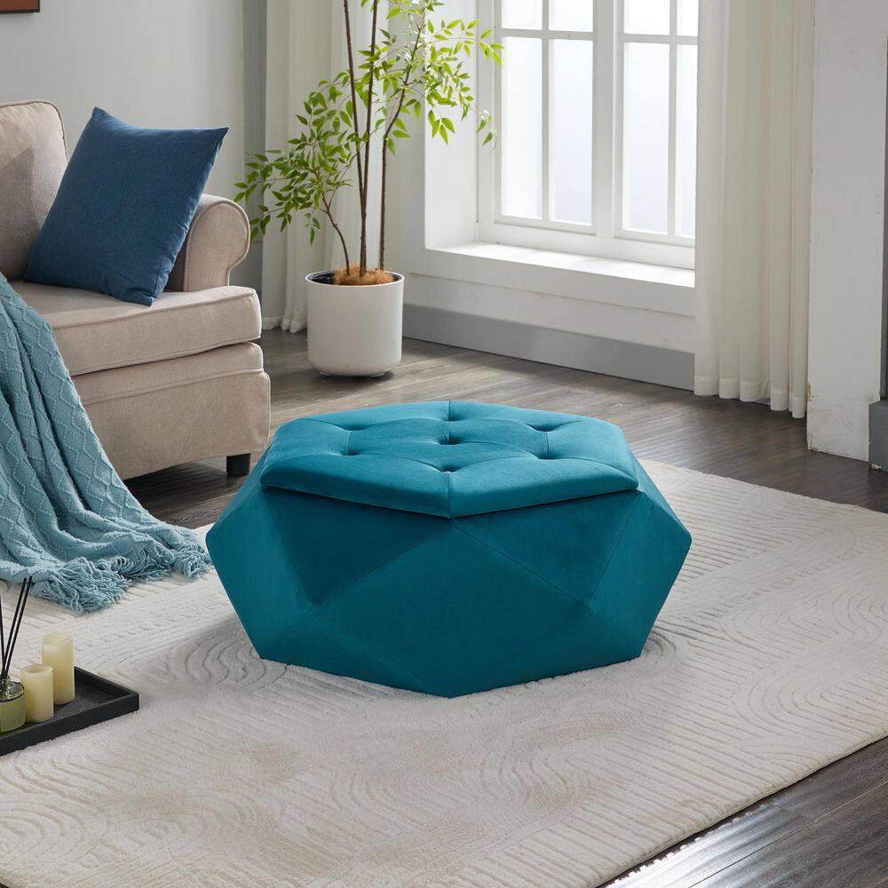 Berkamn Modern Glam Blue Velvet Upholstery Polygon Diamond Tufted Storage Ottoman