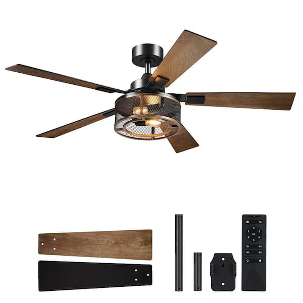 52 in. Indoor Matte Black 5-Blade Caged Downrod Mount Ceiling Fan with Standard Light Kit with Remote Included