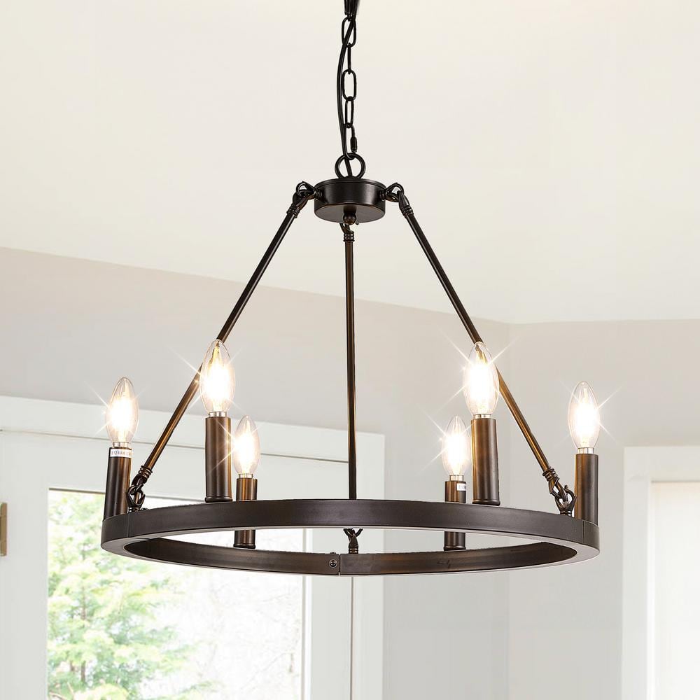 20 in. 6-Light Black Elegant Mid-Century Metal Ceiling Light Farmhouse Wagon Wheel Chandelier for Living Dining Room price history on PriceWatchPro