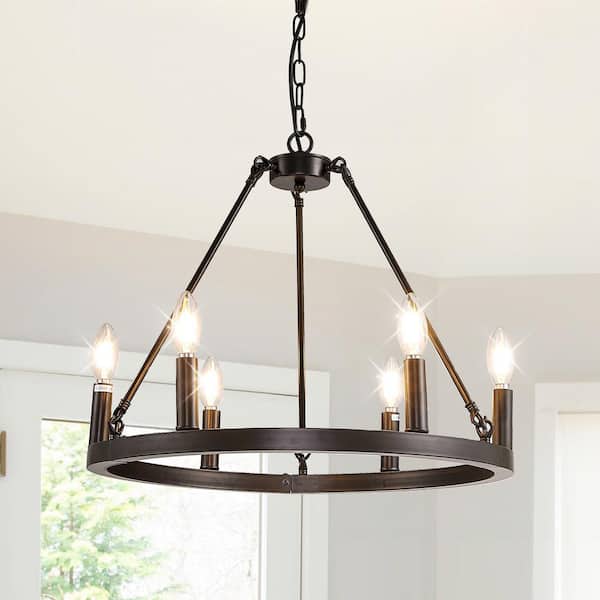 20 in. 6-Light Black Elegant Mid-Century Metal Ceiling Light Farmhouse Wagon Wheel Chandelier for Living Dining Room