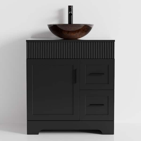 30 in. W x 20 in. D x 32 in. H Single Sink Black Bath Vanity with Brown Glass Vessel Sink Top