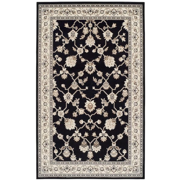 Kingfield Black 5 ft. x 8 ft. Rectangle Floral, Border Polypropylene Area Rug
