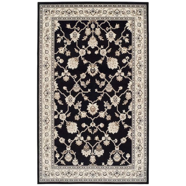 Kingfield Black 8 ft. x 10 ft. Rectangle Floral, Border Polypropylene Area Rug