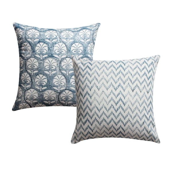 The Urban Port 18 in. White and Blue Floral and Chevron Patterns Square Cotton Accent Throw Pillow (Set of 2)