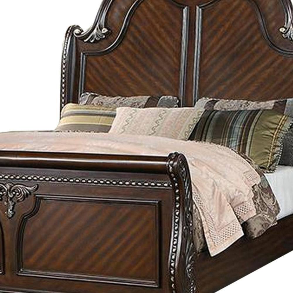 Qoz Dark Walnut Wood Queen Bed with Carved Scalloped Headboard