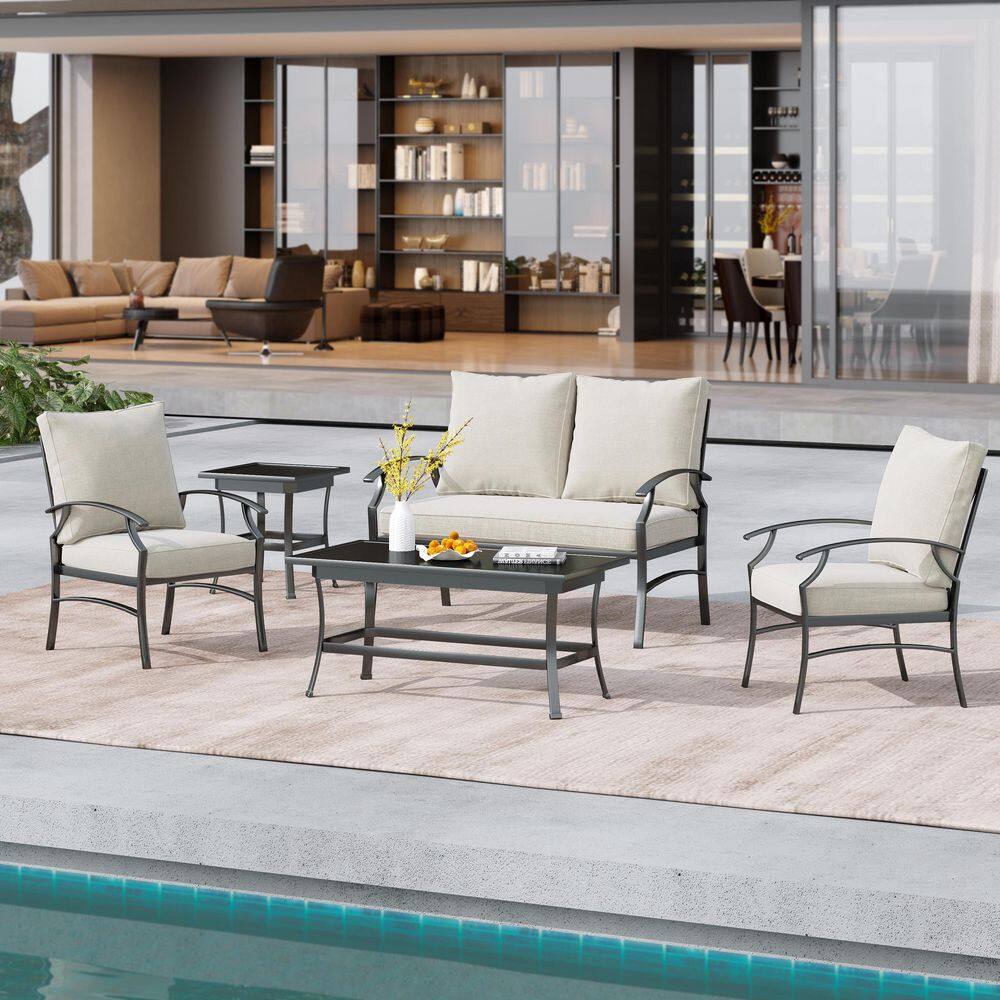 5-Piece Black Metal Frame Outdoor Patio Furniture Set with Armchairs, Beige Loveseat and Coffee Tables price history on PriceWatchPro