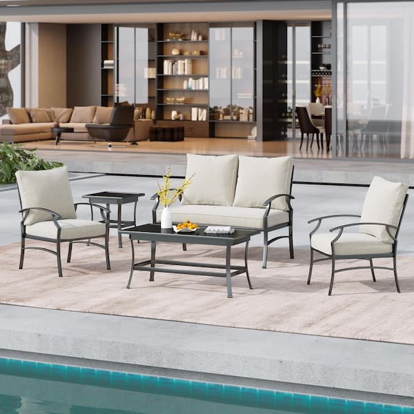 5-Piece Black Metal Frame Outdoor Patio Furniture Set with Armchairs, Beige Loveseat and Coffee Tables