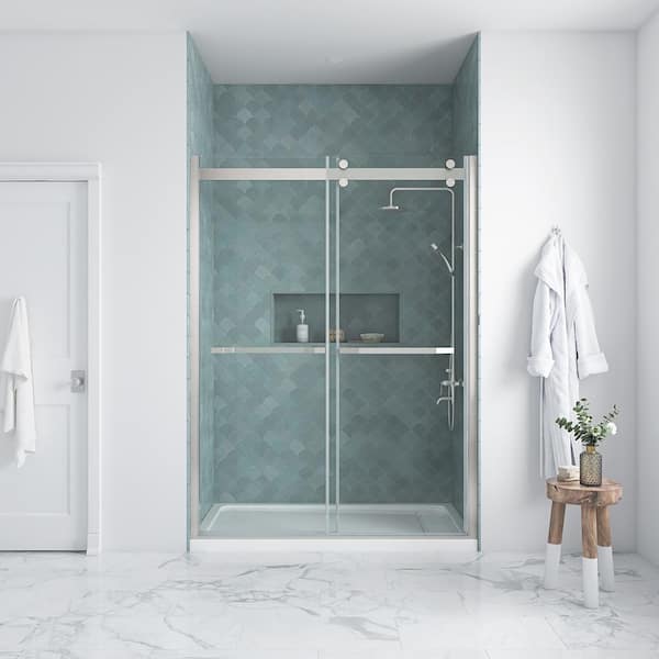 Sunny Shower Fully Frameless Sliding Shower Doors, 3/8 Clear Glass, 60 W  x 72 H Shower Enclosure, Brushed Stainless Steel 