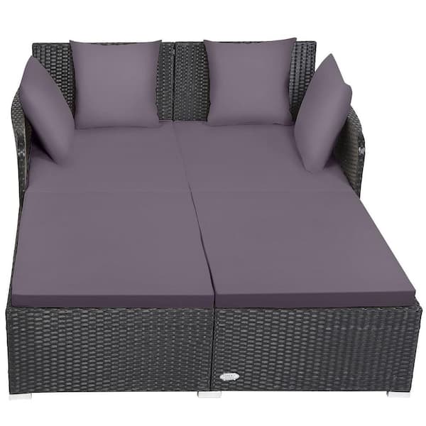 WELLFOR Black Wicker Outdoor Day Bed with Gray Cushions and Pillows