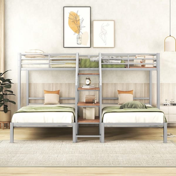 Silver Twin over Twin and Twin Bunk Bed with Shelves and Staircase