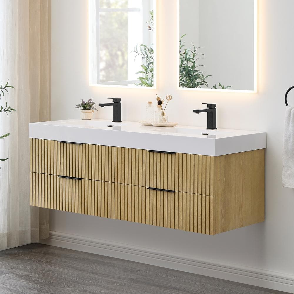 Livia 60" Nature Brown Fir Wood Wall-Mounted Vanity