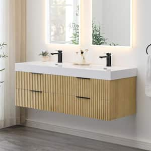 Livia 60 in. W Double Sink Floating Bath Vanity in Nature Brown with White Stone Top