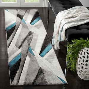 Hollywood Gray/Teal 2 ft. x 12 ft. Abstract Striped Runner Rug