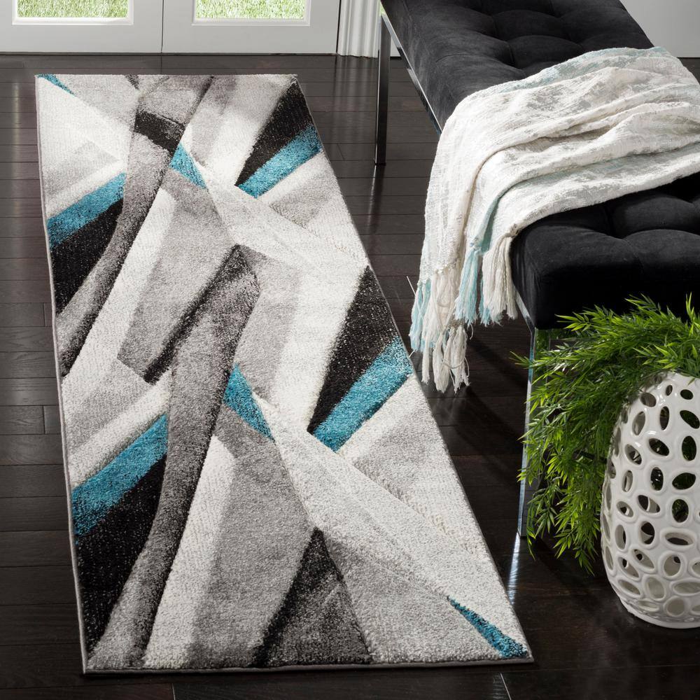 Gray and Teal Geometric Synthetic Runner Rug, 2'3" x 16'