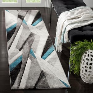 Hollywood Gray/Teal 2 ft. x 6 ft. Abstract Striped Runner Rug