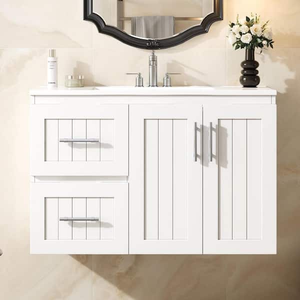 36 in. Floating White Bath Vanity with White Ceramic Top, 2-Drawers and Adjustable Shelf