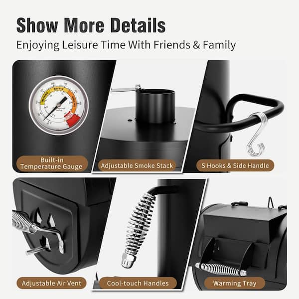 PHI VILLA Vertical Charcoal Smoker Grill in Black with Extra