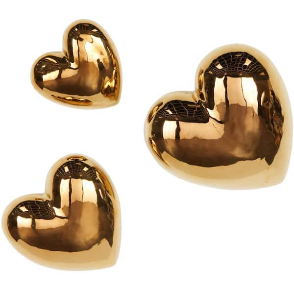 Ceramic Gold Slanted Heart Wall Decor with Varying Sizes (Set of 3)