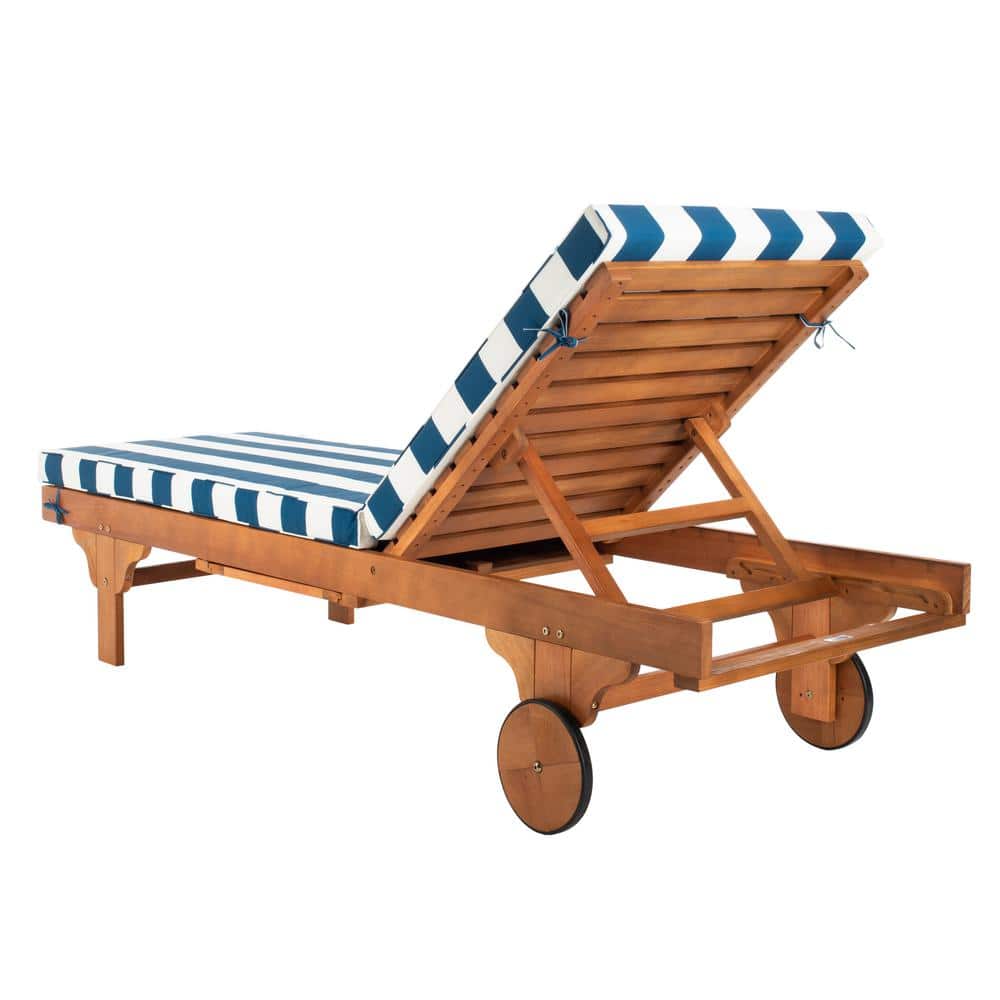 Natural Eucalyptus Wood Outdoor Chaise Lounge with Navy Striped Cushion
