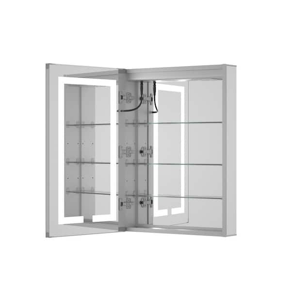 24 in. W x 32 in. H Rectangular Aluminum Medicine Cabinet with Mirror 3-Color Lights and Outlets, Recessed/Surface Mount