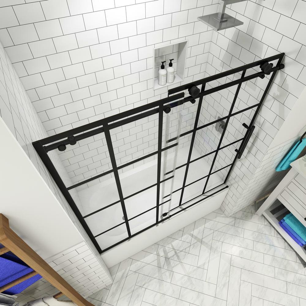 Matte Black Frameless Sliding Tub Door with Clear Glass