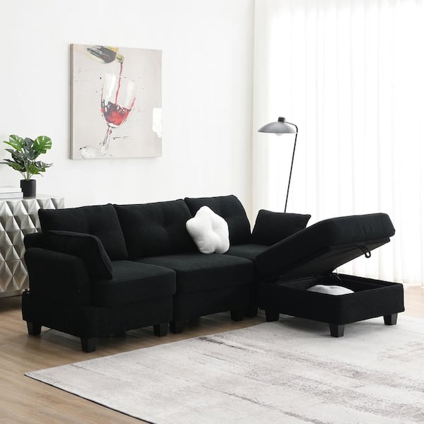 Harper & Bright Designs 92 in. Flared Arm L-shaped Teddy Velvet Fabric Modern Sectional Sofa in Black with Charging Ports and Storage Ottoman