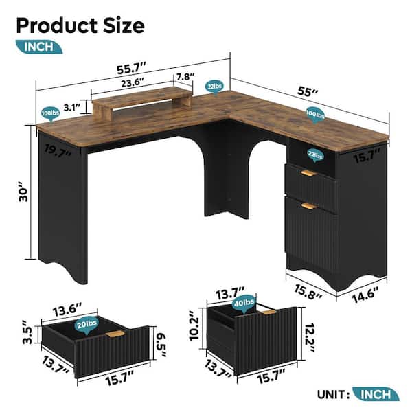 55 in. Rustic 2-Drawers L Shaped Computer Desk with Open Storage and Monitor Stand