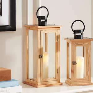 Natural Wood Candle Hanging or Tabletop Lantern with Metal Top (Set of 2)