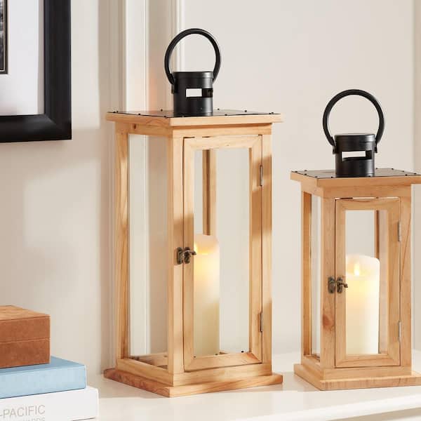 Home Decorators Collection Natural Wood Candle Hanging or Tabletop Lantern with Metal Top (Set of 2)
