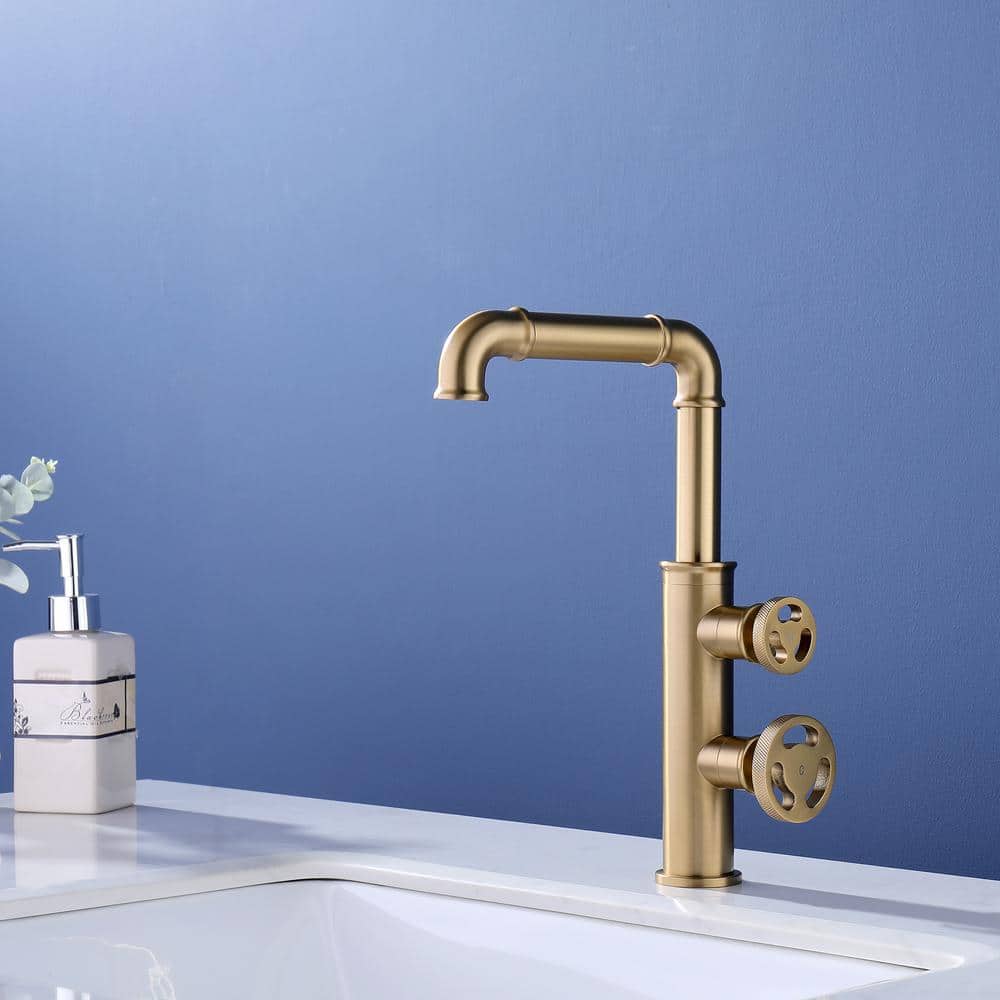 Brushed Gold Industrial Style Brass Bathroom Faucet with Dual Handles