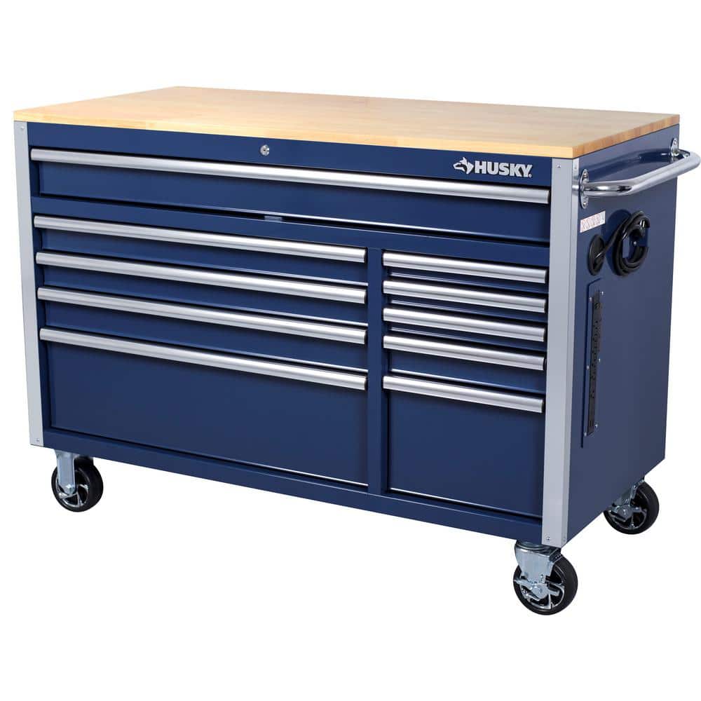 Husky 52 in. W x 24.5 in. D Standard Duty 10-Drawer Mobile Workbench Tool Chest with Solid Wood Work Top in Gloss Blue, Gloss Blue with Silver Trim -  H52MWC10BLU