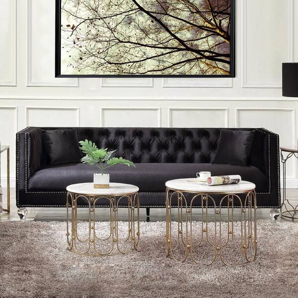 Acme Furniture Heibero 35 In Black Velvet 3 Seat Tuxedo Sofa 56995 Black Velvet 3 Seat Tuxedo Sofa, Black Leather Tuxedo Sofa