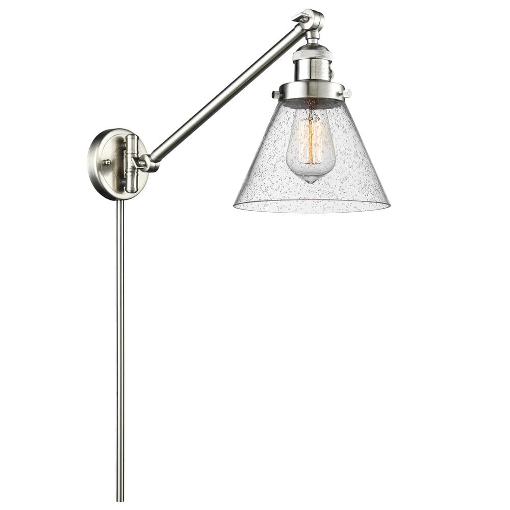 Innovations Franklin Restoration Cone 8 in. 1-Light Brushed Satin Nickel Wall Sconce with Seedy Glass Shade with On/Off Turn Switch -  237-SN-G44