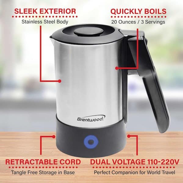 Brentwood 2.5-Cup Silver Dual-Voltage Electric Travel Kettle with